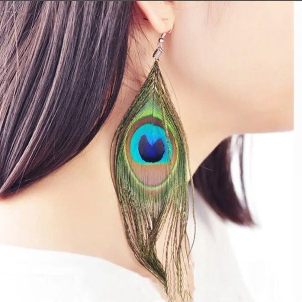 Boho Natural Delicate Peacock Festival Feather Dangle Drop Hook Earrings A0105 - Picture 7 of 15